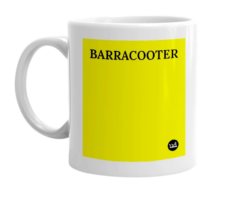White mug with 'BARRACOOTER' in bold black letters