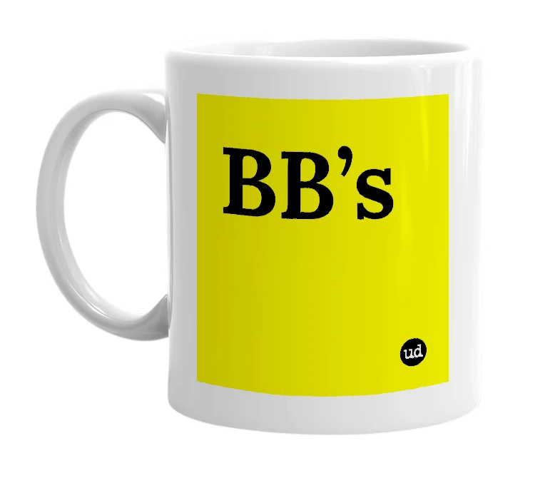 White mug with 'BB’s' in bold black letters