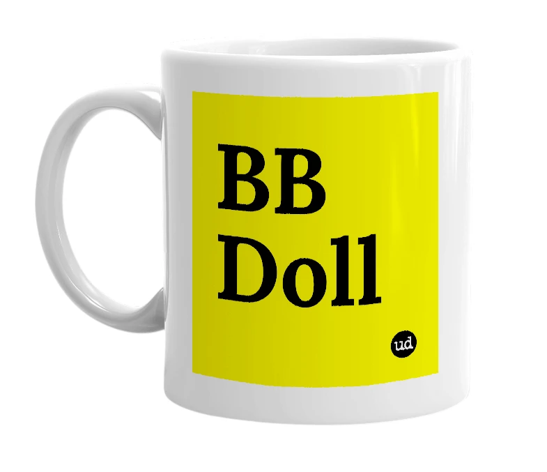 White mug with 'BB Doll' in bold black letters