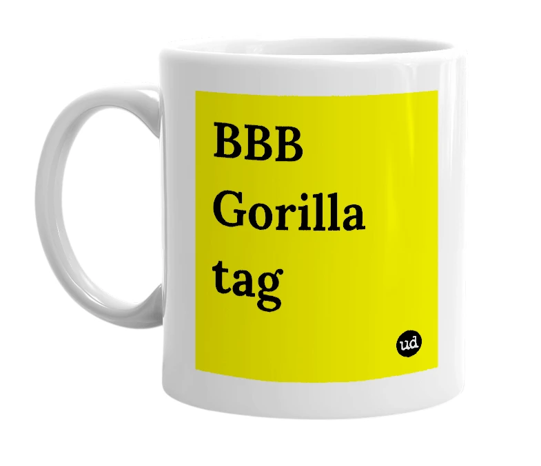 White mug with 'BBB Gorilla tag' in bold black letters