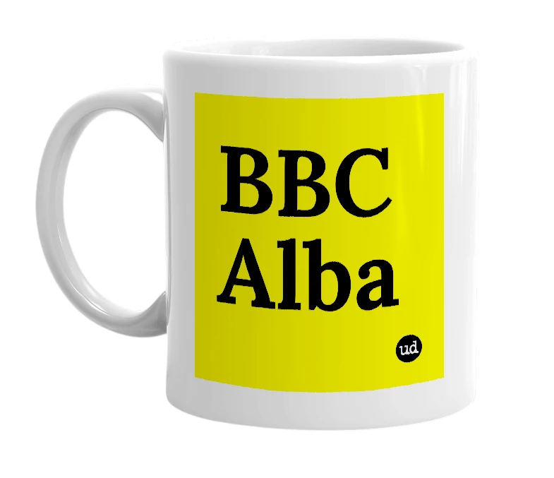 White mug with 'BBC Alba' in bold black letters