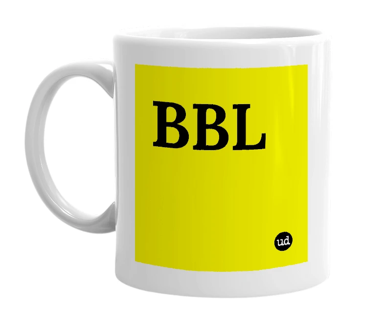 White mug with 'BBL' in bold black letters
