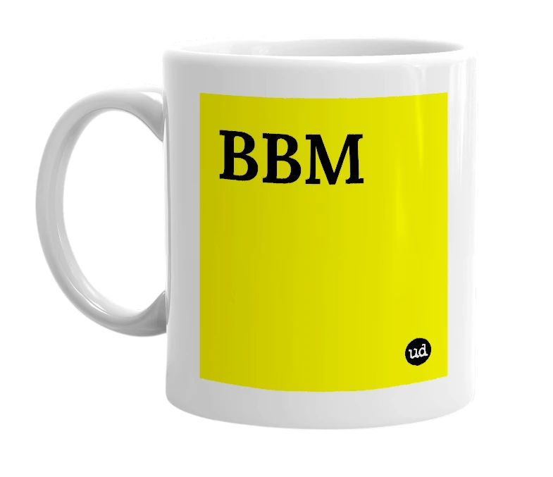 White mug with 'BBM' in bold black letters