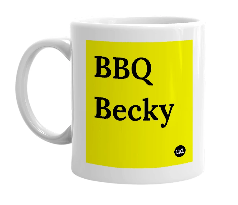 White mug with 'BBQ Becky' in bold black letters