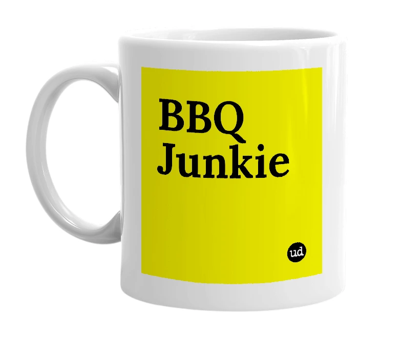 White mug with 'BBQ Junkie' in bold black letters