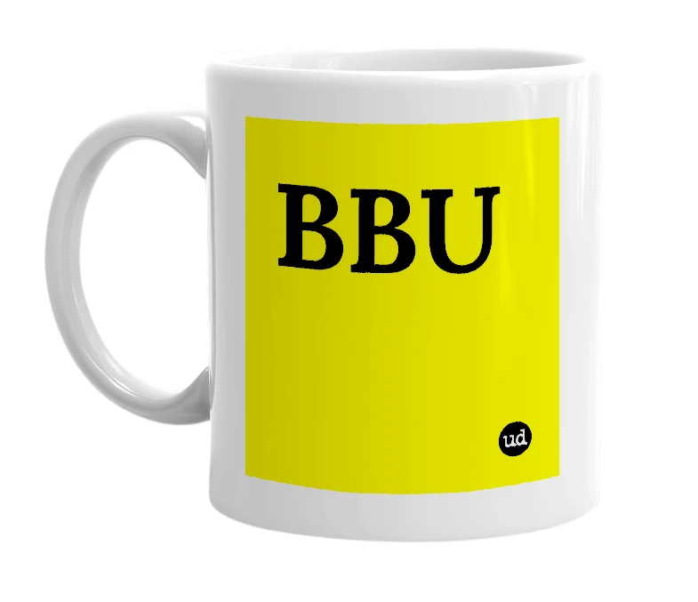 White mug with 'BBU' in bold black letters