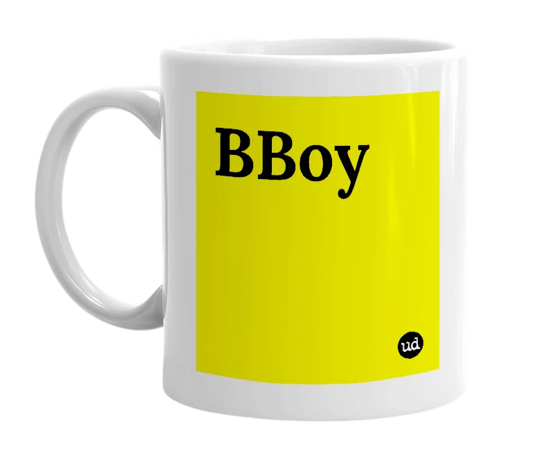 White mug with 'BBoy' in bold black letters