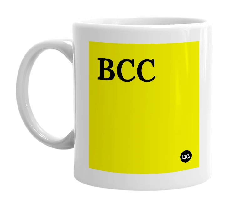 White mug with 'BCC' in bold black letters