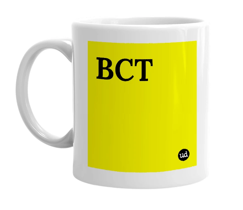 White mug with 'BCT' in bold black letters