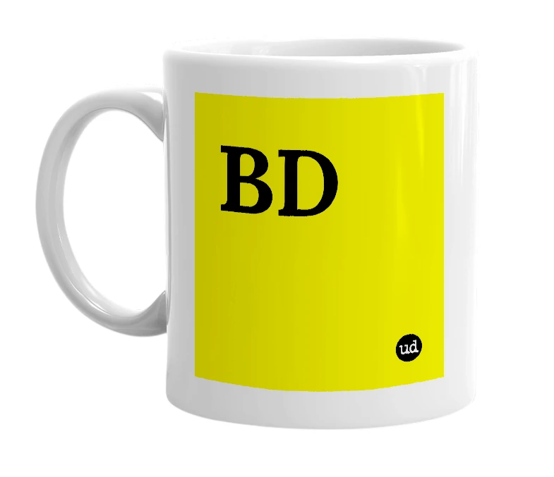 White mug with 'BD' in bold black letters