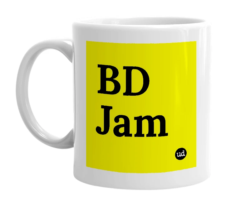 White mug with 'BD Jam' in bold black letters