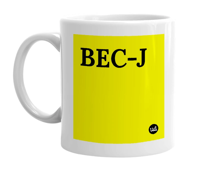 White mug with 'BEC-J' in bold black letters