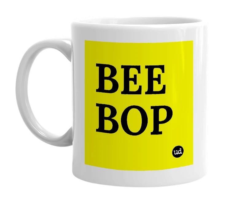 White mug with 'BEE BOP' in bold black letters