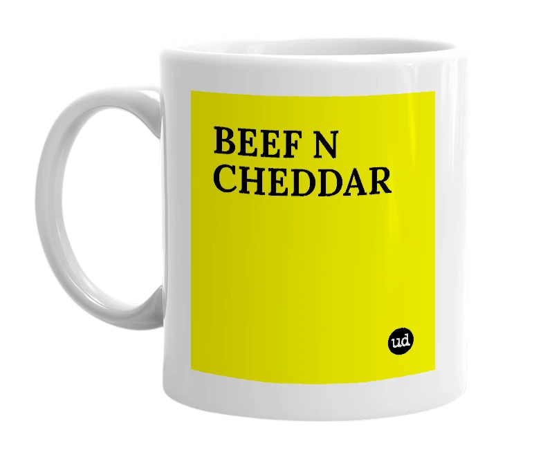 White mug with 'BEEF N CHEDDAR' in bold black letters