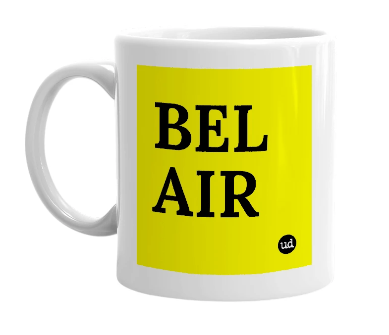 White mug with 'BEL AIR' in bold black letters