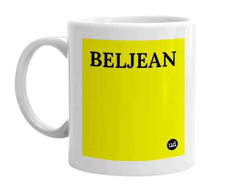 White mug with 'BELJEAN' in bold black letters