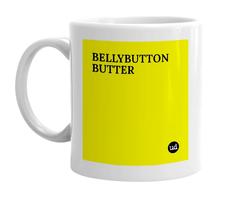 White mug with 'BELLYBUTTON BUTTER' in bold black letters