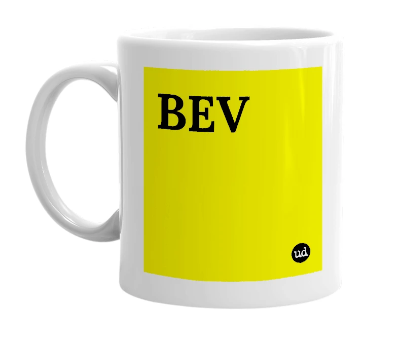 White mug with 'BEV' in bold black letters