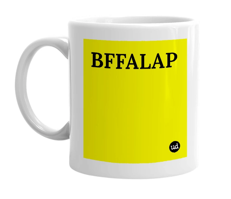 White mug with 'BFFALAP' in bold black letters