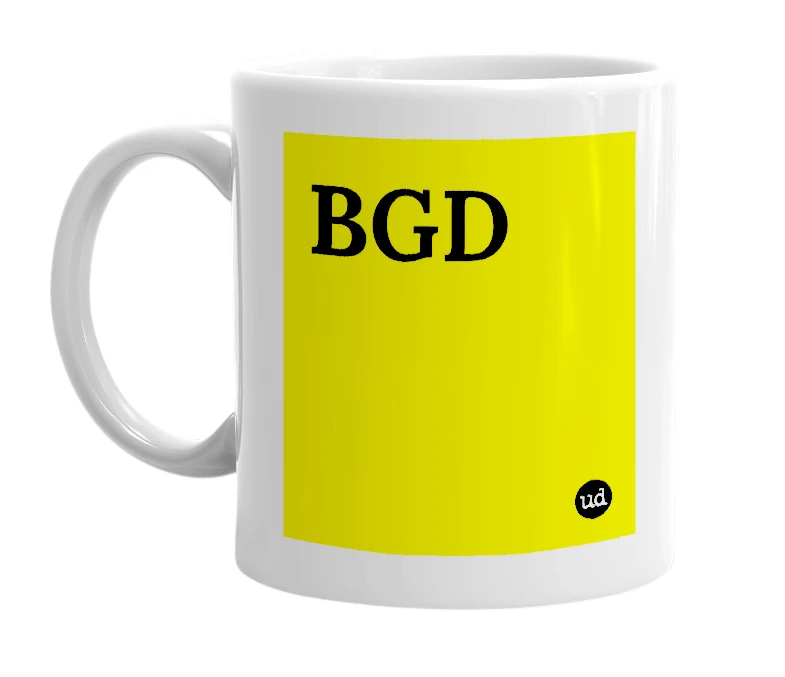 White mug with 'BGD' in bold black letters