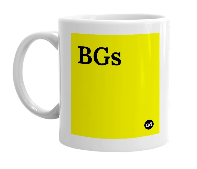 White mug with 'BGs' in bold black letters