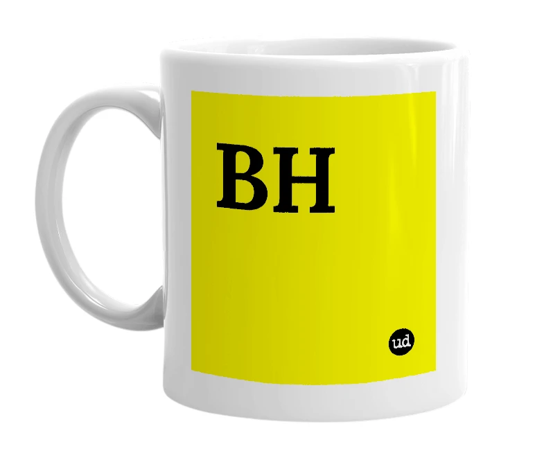 White mug with 'BH' in bold black letters