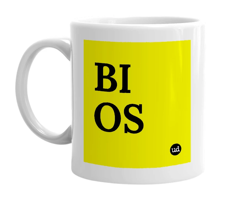 White mug with 'BI OS' in bold black letters