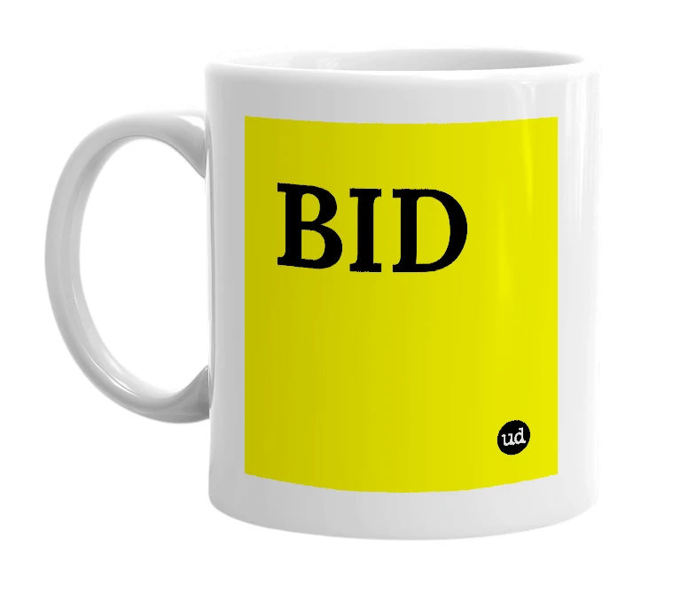White mug with 'BID' in bold black letters