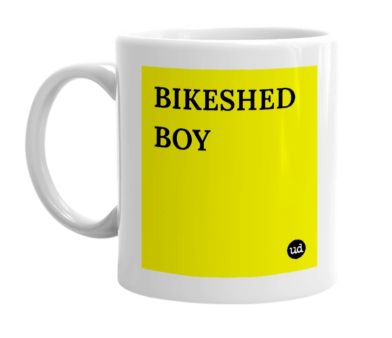 White mug with 'BIKESHED BOY' in bold black letters