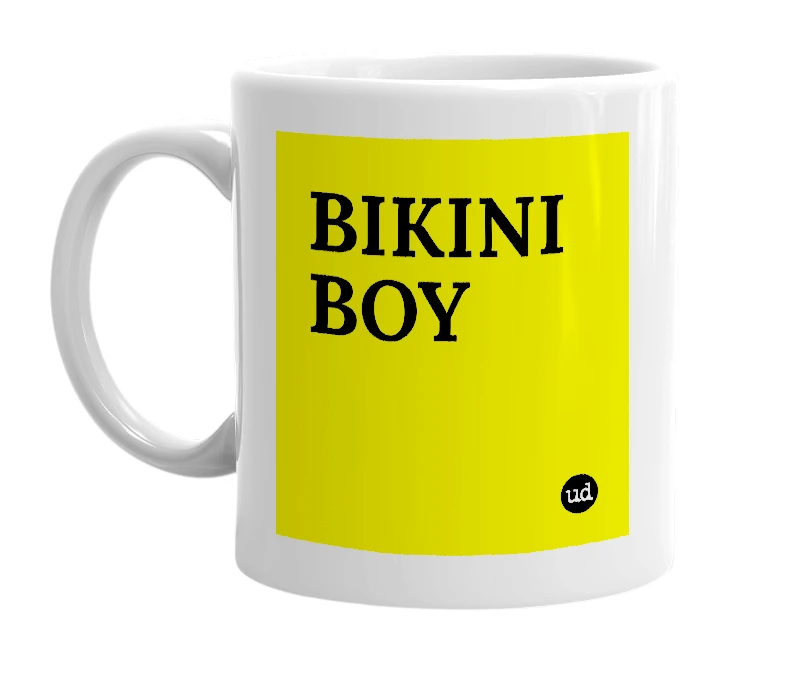 White mug with 'BIKINI BOY' in bold black letters