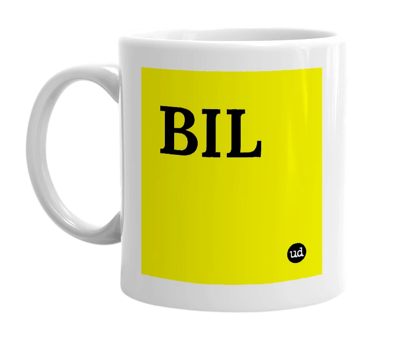 White mug with 'BIL' in bold black letters