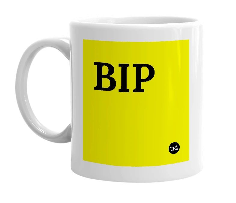 White mug with 'BIP' in bold black letters