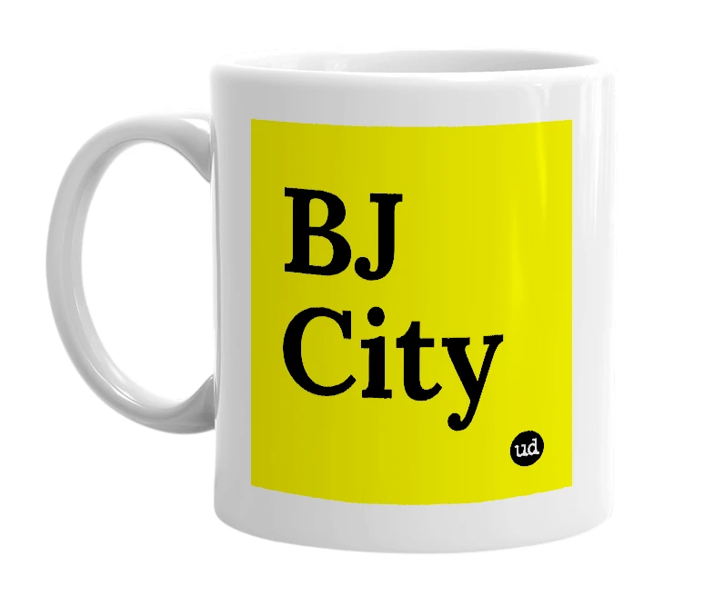White mug with 'BJ City' in bold black letters