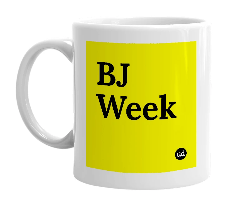 White mug with 'BJ Week' in bold black letters