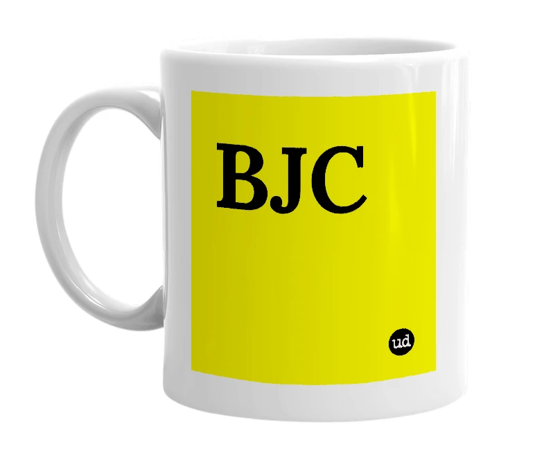 White mug with 'BJC' in bold black letters