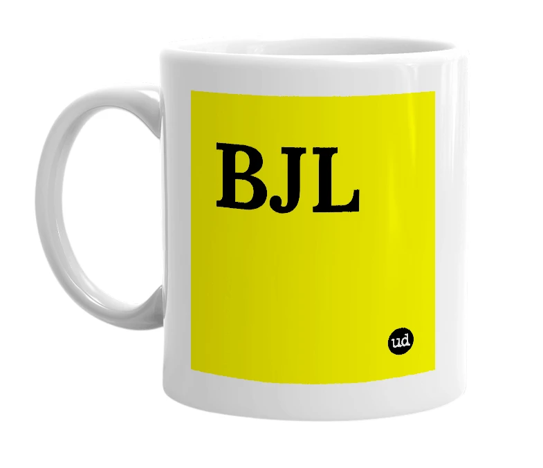 White mug with 'BJL' in bold black letters