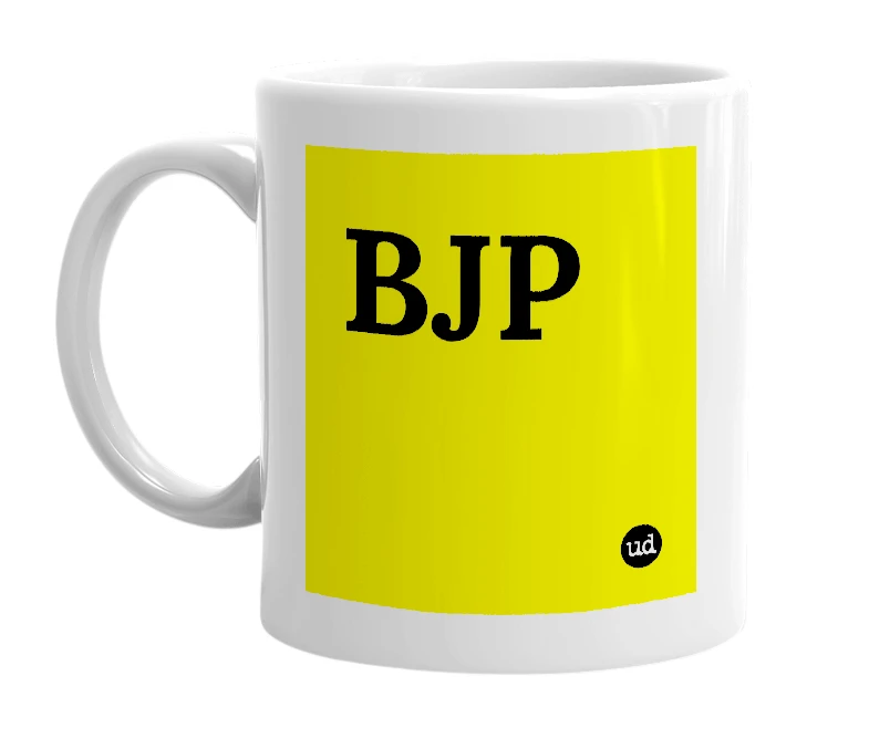 White mug with 'BJP' in bold black letters