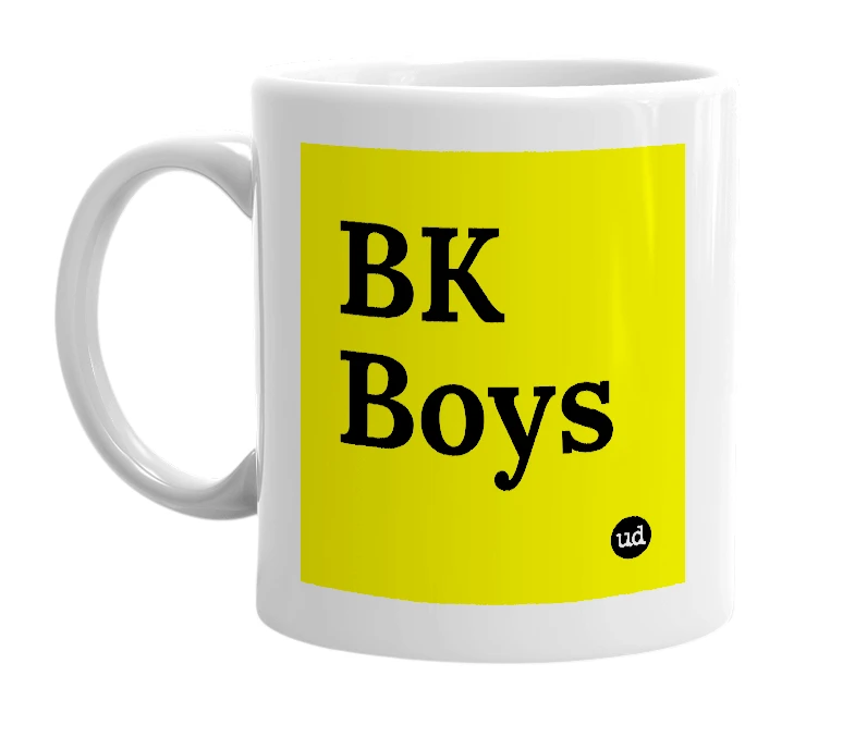 White mug with 'BK Boys' in bold black letters