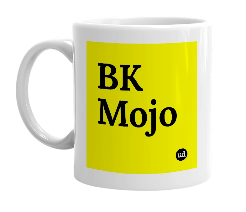 White mug with 'BK Mojo' in bold black letters