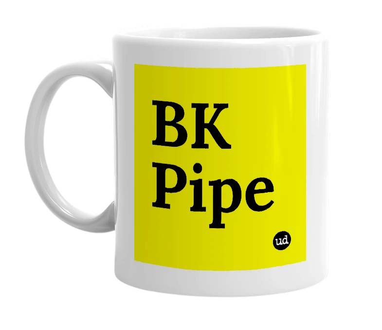 White mug with 'BK Pipe' in bold black letters