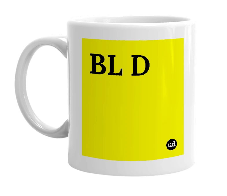 White mug with 'BL D' in bold black letters
