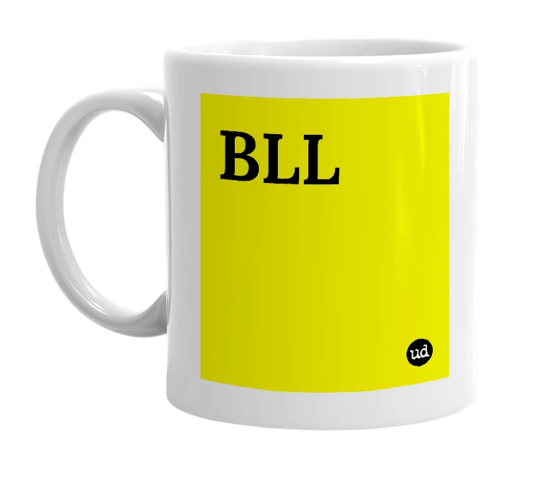 White mug with 'BLL' in bold black letters