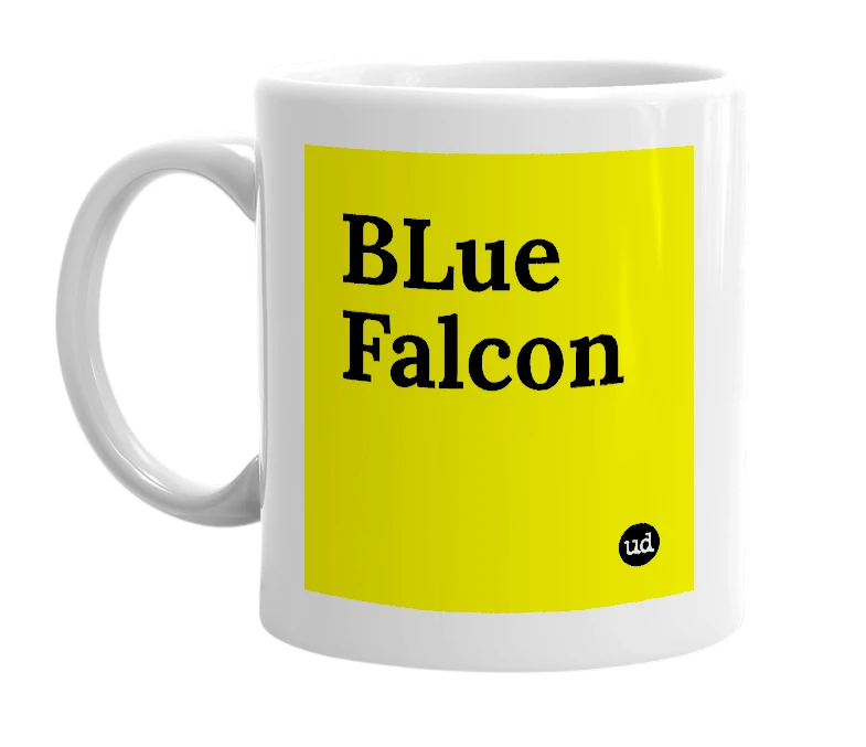 White mug with 'BLue Falcon' in bold black letters