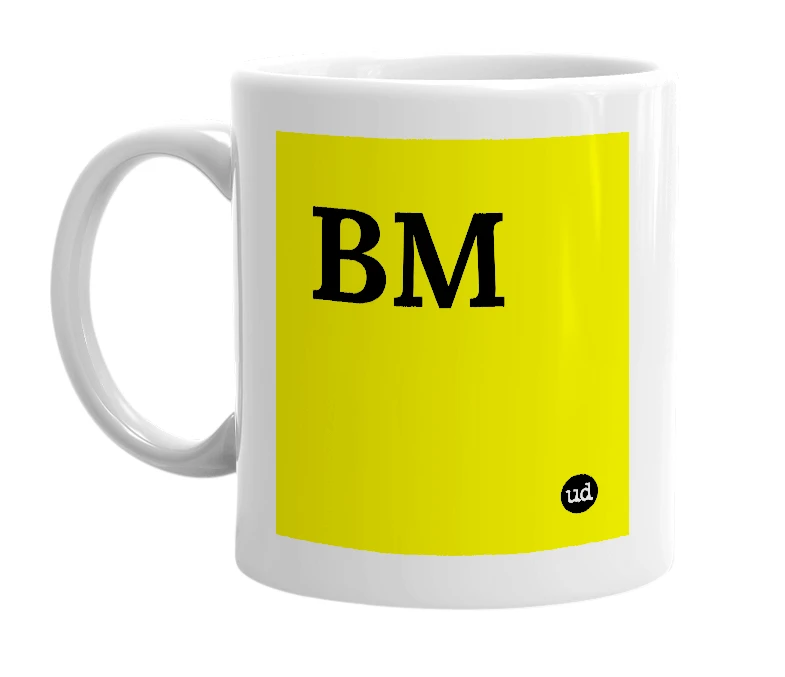 White mug with 'BM' in bold black letters