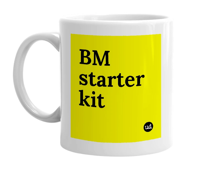 White mug with 'BM starter kit' in bold black letters