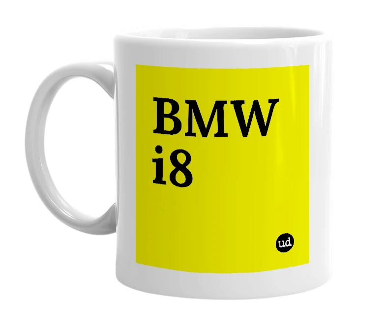 White mug with 'BMW i8' in bold black letters