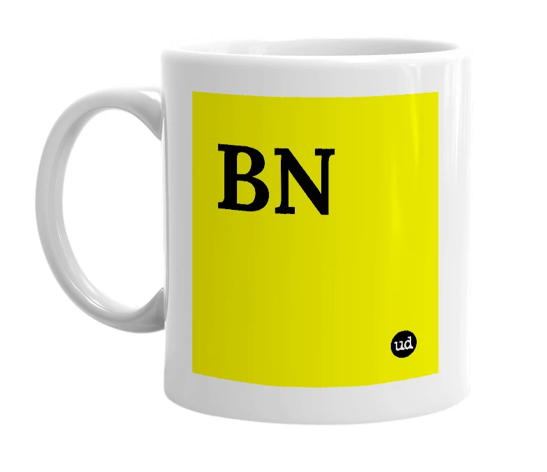 White mug with 'BN' in bold black letters