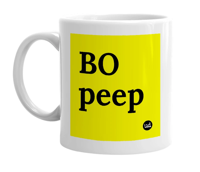 White mug with 'BO peep' in bold black letters