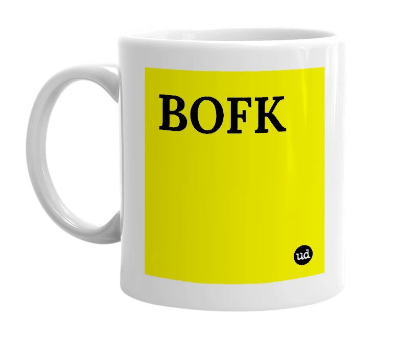White mug with 'BOFK' in bold black letters