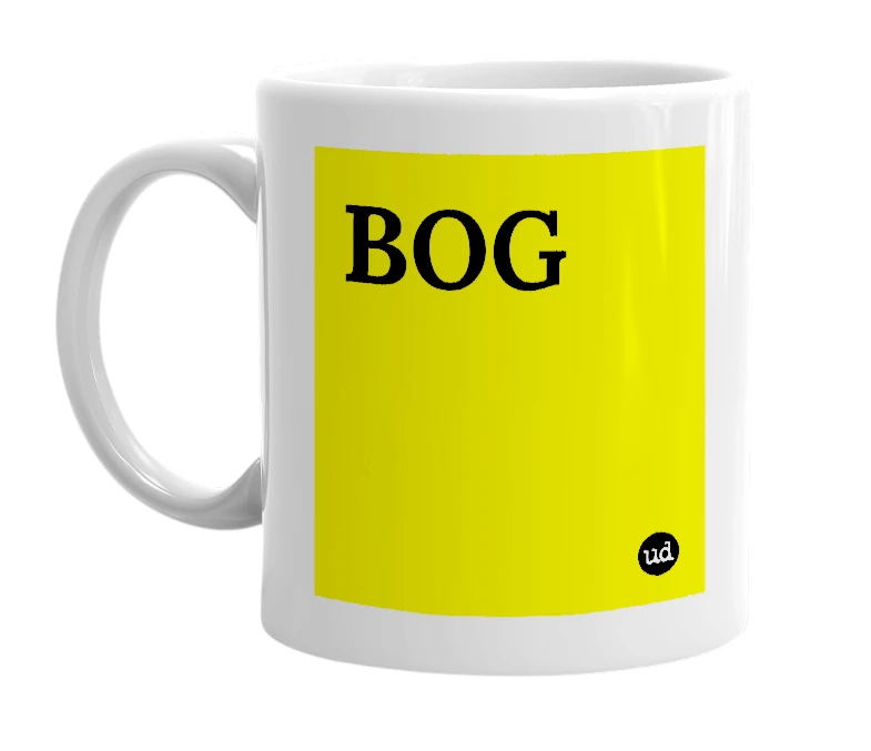 White mug with 'BOG' in bold black letters